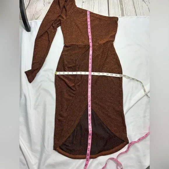 One Shoulder Gigot Sleeve Wrap Glitter Dress - Picture 6 of 6